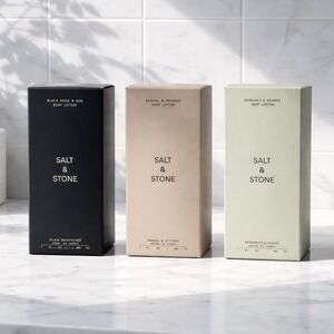 Salt & Stone Body Lotion Trio Set 7oz Santal Vetiver Berg Hinoki Black Rose Oud